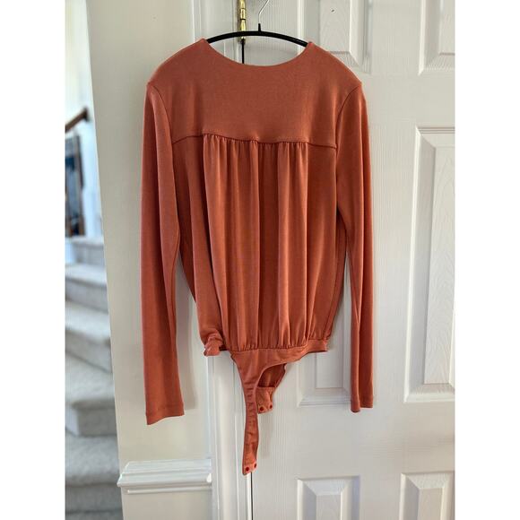 Free People Revolve Turnt Body Suit Orange Brown Draped Plunge Neck Long Sleeve - Picture 5 of 6